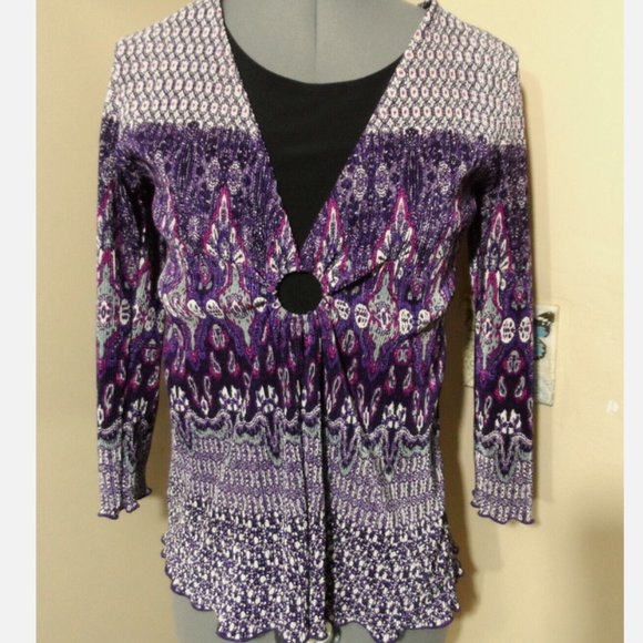 NOTATIONS Ring front Layered look Blouse S Purple Pink Scarf print ScoopNeck top - Picture 1 of 6